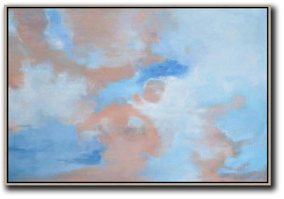 Extra Large Textured Painting On Canvas,Horizontal Abstract Landscape Oil Painting On Canvas,Large Living Room Wall Decor,Blue,Pink,White.etc